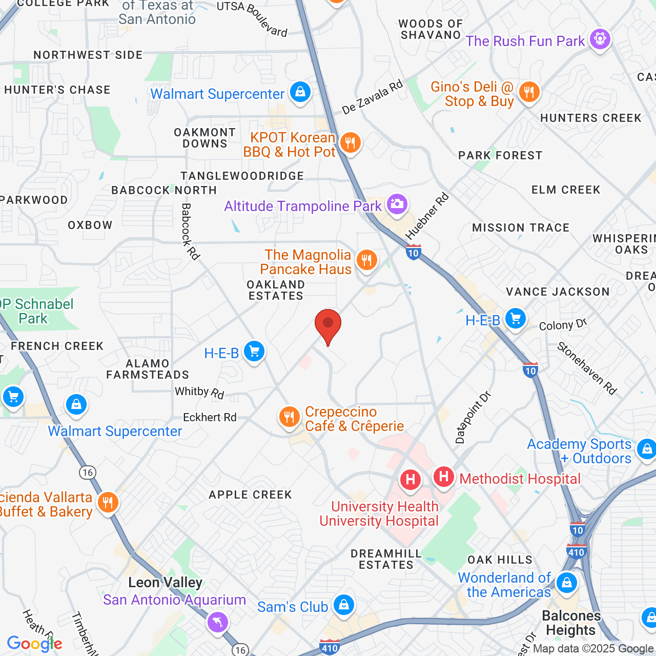 Google map image of our location in 9502 Huebner Rd San Antonio, TX
